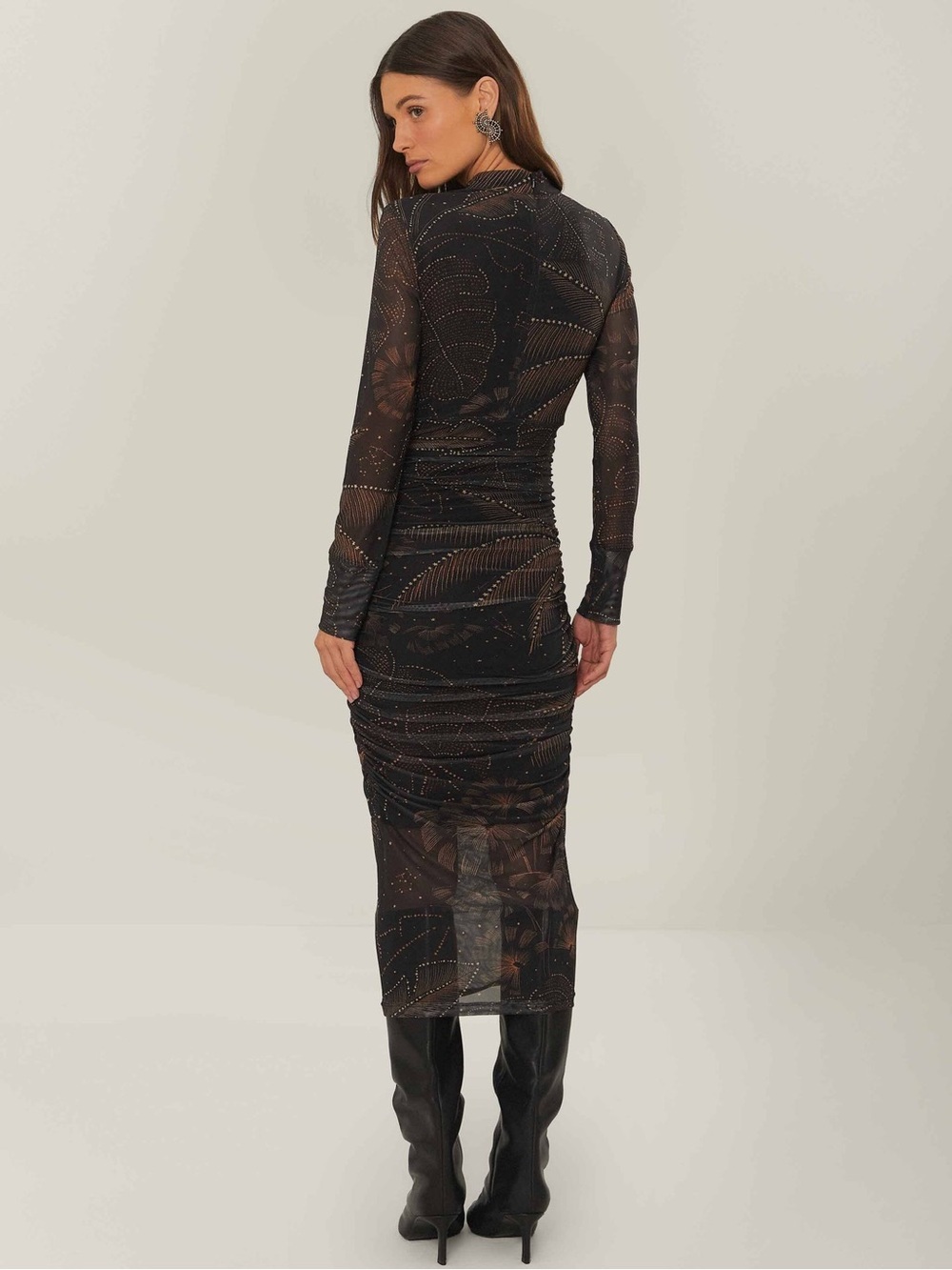FARM Rio Black Golden Foliage Tulle Midi Dress - Stretch Mesh NWT - Size L - Picture 3 of 10